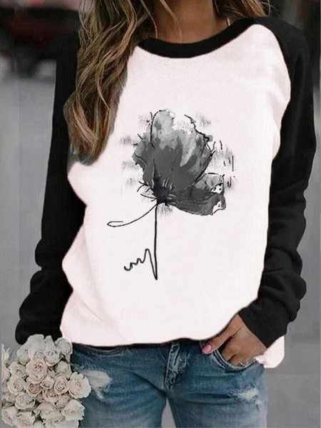 

Casual Loose Floral Crew Neck T-Shirt, Black, T-Shirts
