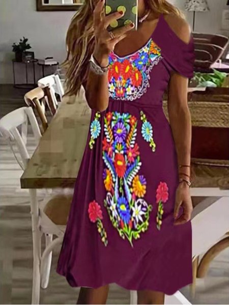 

Casual Floral V Neck Regular Fit Dress With No, Purple, Dresses