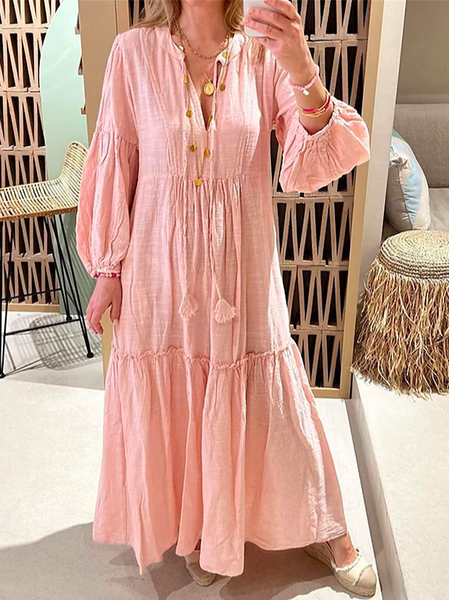 

Loose V Neck Cotton Casual Dress, Pink, Dresses