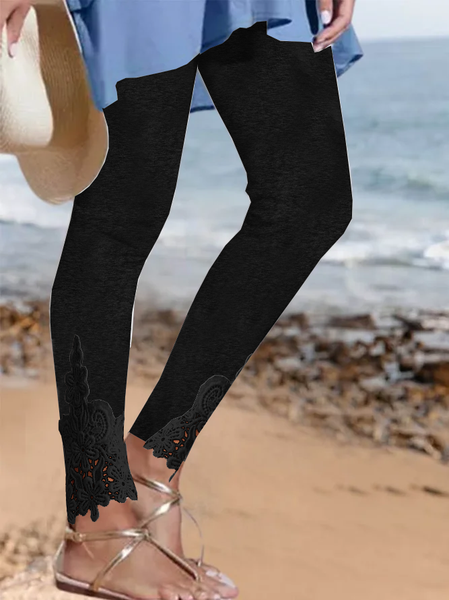

Tight Jersey Lace Edge Casual Legging, Black, leggings