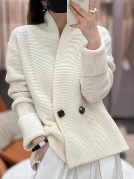 

Casual Buckle Plain Stand Collar Cardigan, White, Cardigans