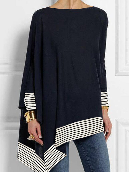 

Micro-Elasticity Simple Crew Neck Loose Long sleeve Shirt, Navyblue, Blouses and Shirts