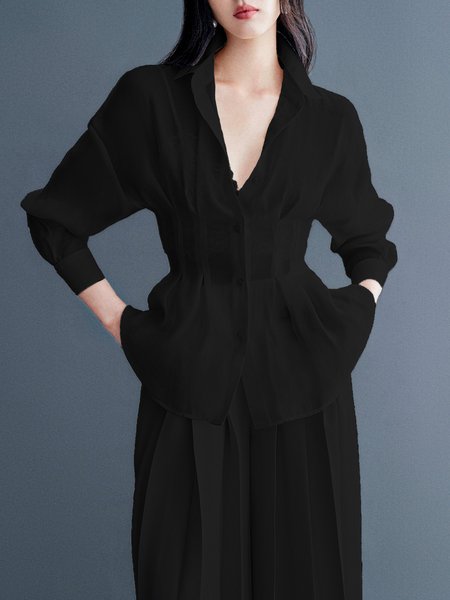 

Elegant Shirt Collar Regular Fit Plain Blouse, Black, Blouses and Shirts