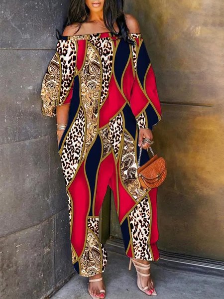 

Long sleeve Cold Shoulder Urban Leopard Jumpsuit, Red, Jumpsuits
