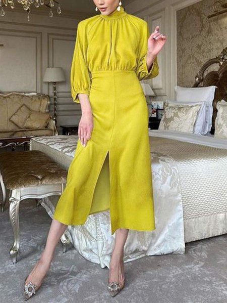 

Stand Collar Regular Fit Plain Elegant Dress, Yellow, Midi Dresses