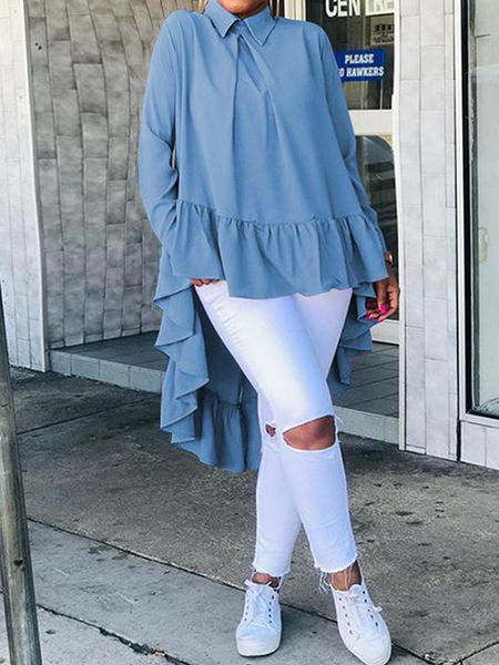 

Shirt Collar Loose Long sleeve Plain Urban Mid-long Blouse, Blue, Blouses and Shirts