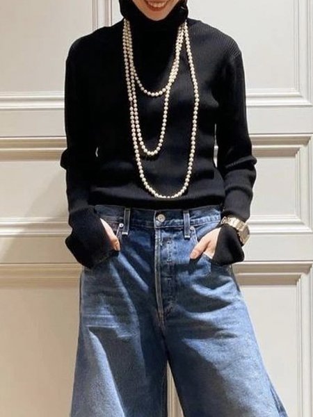 

Long sleeve Plain Urban Turtleneck Daily Sweater, Black, Pullovers