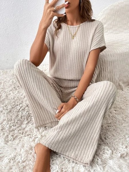 

Casual Striped Short Sleeve Regular Round Neck Loungewear Casual Wear Tops Pants Set, Khaki, Loungewear & Sleepwear
