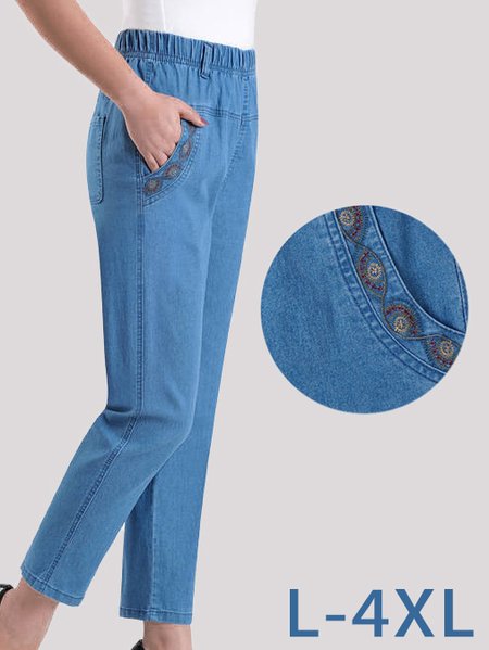 

Ladies Denim Ethnic Embroidered Pattern Denim Trousers Casual Daily Commuting Women's Clothing, Light blue, Jeans