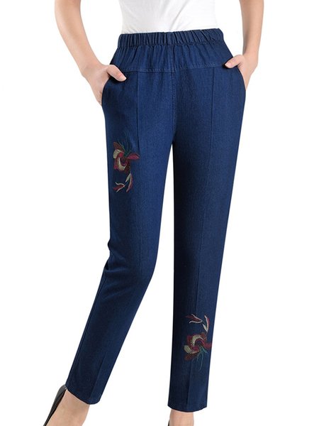 

Ladies Denim Floral Embroidery Denim Pants Casual Daily Commuting Women's Clothing, Blue, Jeans