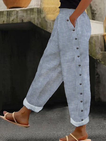 

Plus Size Casual Striped Pocket Stitching Loose Pants, Blue, Pants