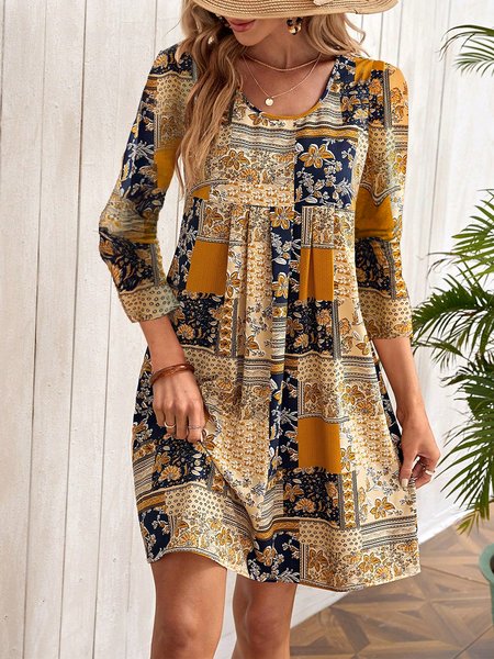 

Loose Ethnic Crew Neck Casual Dress, Yellow, Dresses