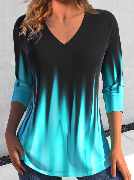 

Ombre V Neck Casual Loose T-Shirt, Black-blue, T-Shirts