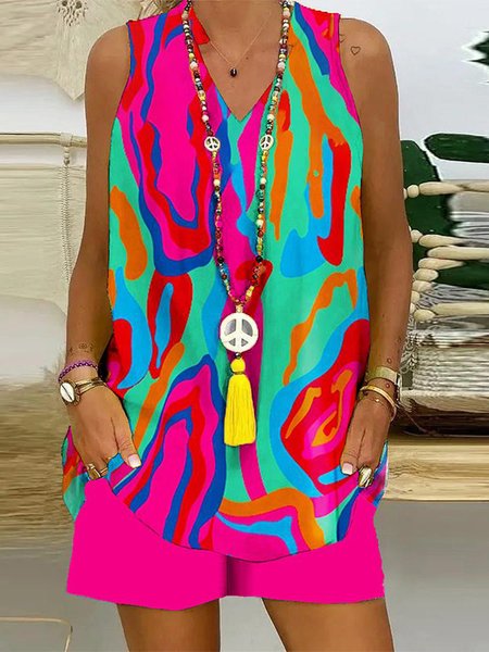 

Casual Geometric V Neck Two-Piece Set, Deep pink, Suit Set