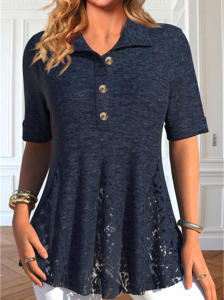 

Lace Shawl Collar Regular Fit Casual Shirt, Dark blue, Shirts & Blouses