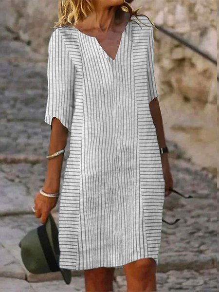 

Casual V Neck Loose Striped Dress With No, Gray, Dresses