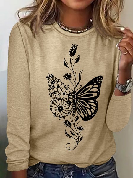 

Women's Butterfly Flower Art Print Casual Letters Shirt, Khaki, Long sleeves