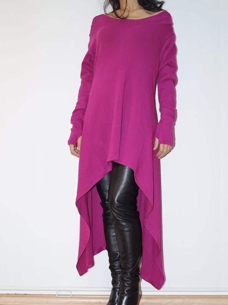 

High Elasticity Regular Fit Crew Neck Long sleeve Plain Urban Mid-long Shirt, Rose red, Blouses and Shirts