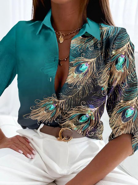 

Loose Casual Buttoned Feather Pattern Blouse, Green, Shirts & Blouses