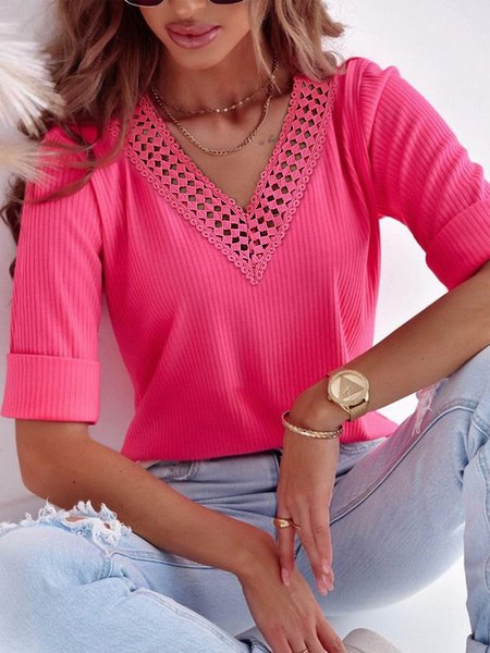 

Casual Plain V Neck Regular Fit Lace T-Shirt, Deep pink, T-Shirts