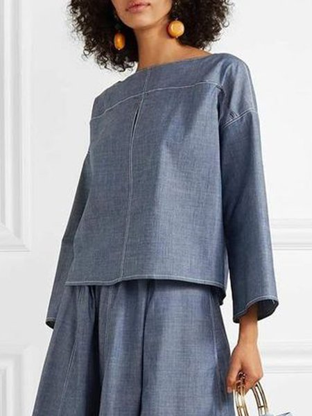 

Plain Urban Boat Neck Loose Shirt, Grey-blue, Blouses and Shirts