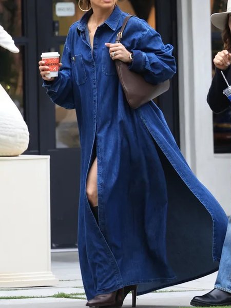 

Plain Urban Shirt Collar Denim Dress, Blue, Maxi Dresses