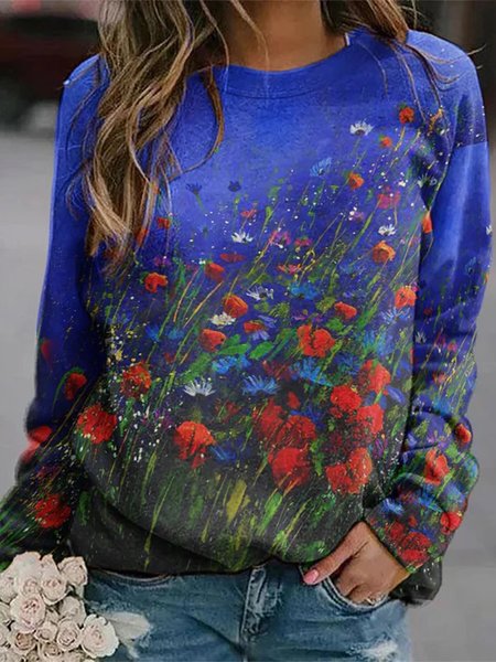 

Floral Loose Casual Crew Neck Sweatshirt, Dark blue, Sweatshirts & Hoodies