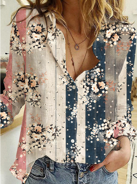 

Shirt Collar Loose Floral Casual Blouse, Stripe, Shirts & Blouses