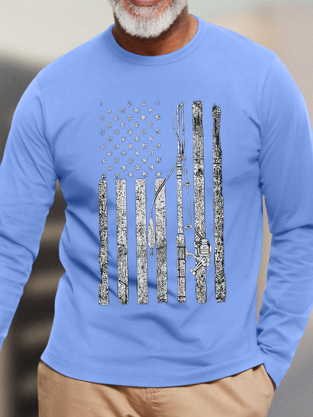 

Men's American Flag Tee Fishing Rod Reel Tee, Light blue, Long Sleeves