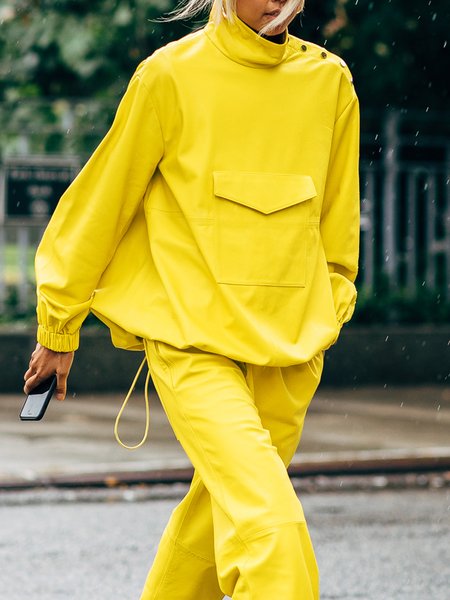 

Plain Casual Loose Turtleneck Sweatshirt, Yellow, Hoodies and Sweatshirts