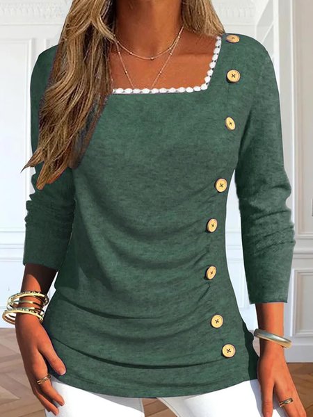 

Casual Loose Square Neck Shirt, Green, Tunics