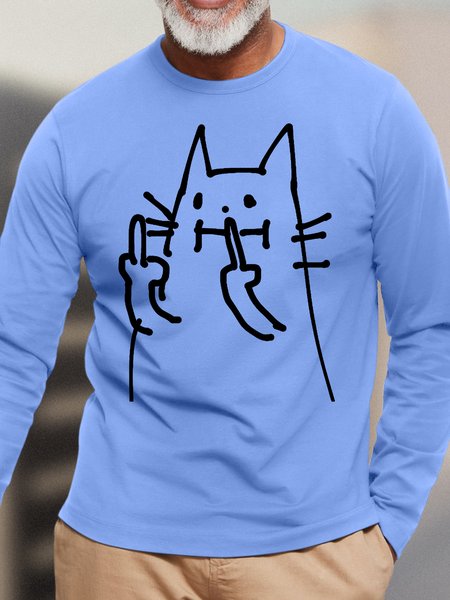 

Men's Satirical Humor Cat Long Sleeve T-shirt Casual Text Letters Regular Fit Long Sleeve T-Shirt, Light blue, Long Sleeves