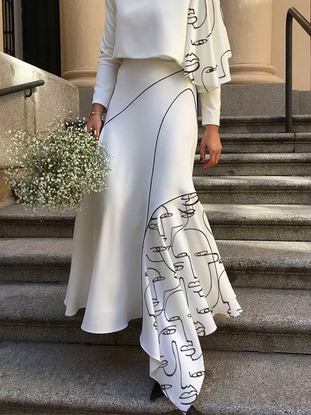 

Abstract Loose Elegant Maxi Skirt, Black-white, Skirts