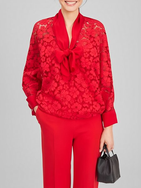 

Elegant Bow Plain Long Sleeve Lace Shirt, Red, Blouses and Shirts