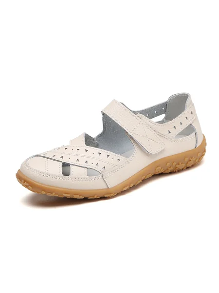 

Hollow Breathable Leather Soft Retro Casual Velcro Mary Jane Flats, Beige, Flats