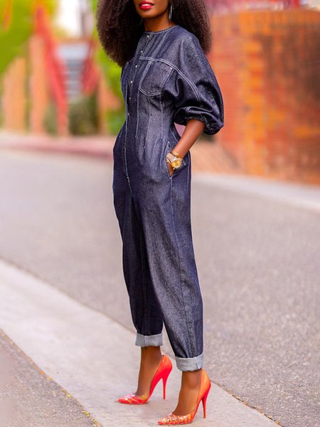 

Plain Crew Neck Urban Denim Jumpsuit, Deep blue, Jumpsuits