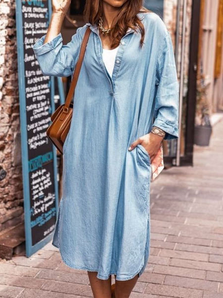 

Loose Casual Shirt Collar Plain Dress, Light blue, Dresses