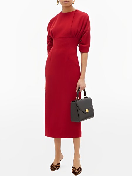 

Elegant Plain Regular Fit Crew Neck Dress, Red, Midi Dresses