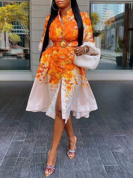 

Stand Collar Elegant Regular Fit Floral Dress With Belt, Orange, Midi Dresses