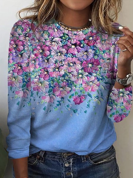 

Plus Size Crew Neck Casual Floral Loose T-Shirt, Blue, Long sleeves