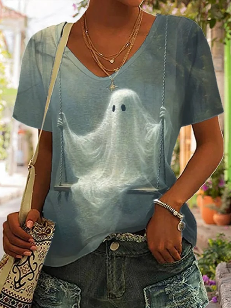 

V Neck 3D Printing Casual Loose T-Shirt, Gray, T-Shirts
