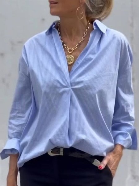 

Casual V Neck Blue Long Sleeve Striped Shirt, Shirts & Blouses