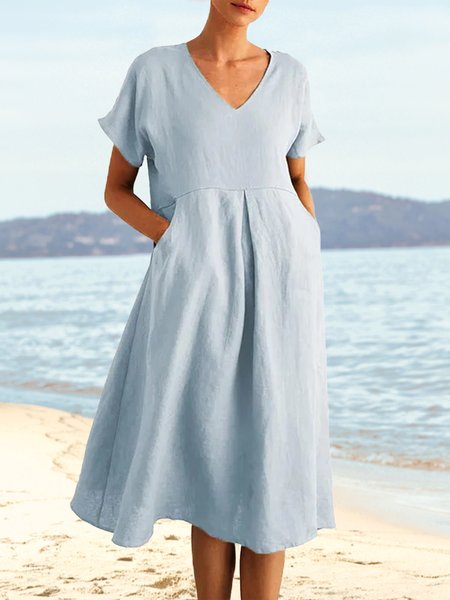 

Loose V Neck Ethnic Casual Dress, Light blue, Dresses