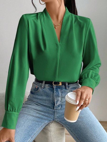 

V Neck Plain Loose Urban Blouse, Green, Blouses and Shirts