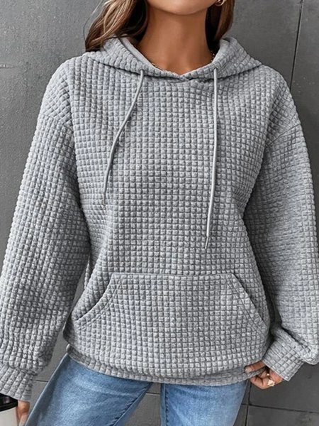 

Plain Casual Hoodie Kangaroo Pocket Drop Shoulder Drawstring Hoodie, Gray, Hoodies