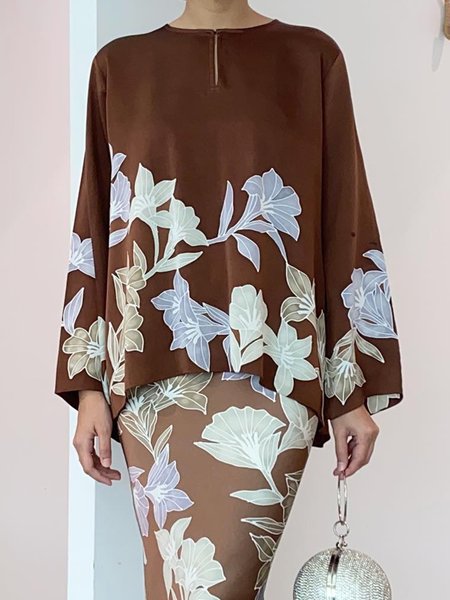 Loose Floral Vacation Crew Neck Shirt, Brown, Blouses and Shirts