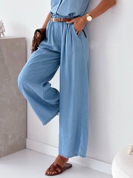 

Casual Denim Loose Elastic Waist Lounge Pants, Blue, Pants