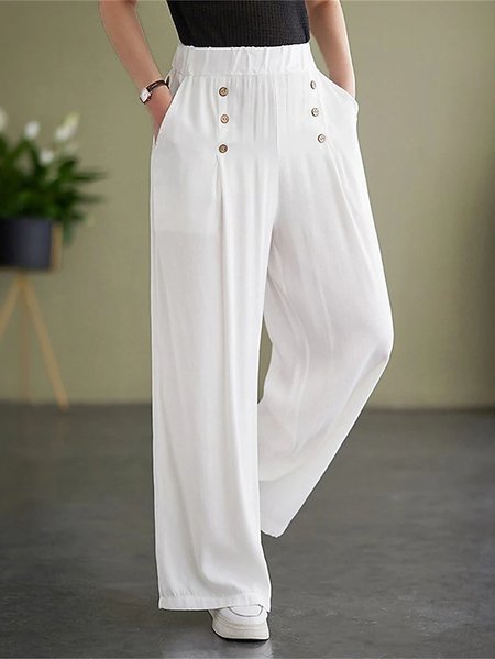 

Casual Plain High Waist Long Wide Leg Pants, White, Joggers