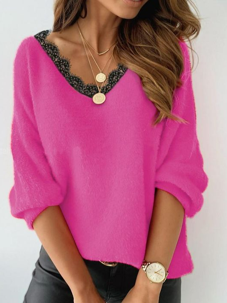 

V Neck Loose Casual Plain Sweater, Rose red, Sweaters