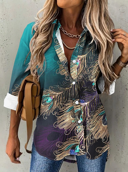 

Casual Shirt Collar Feather Blouse, Green, Shirts & Blouses